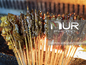 Lamb kebabs are seen at a stall at a night market in Guiyang, China, on August 25, 2024. (