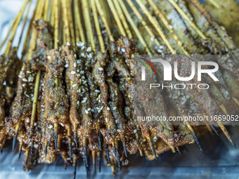 Lamb kebabs are seen at a stall at a night market in Guiyang, China, on August 25, 2024. (