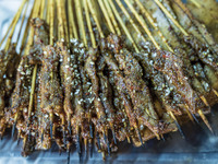 Lamb kebabs are seen at a stall at a night market in Guiyang, China, on August 25, 2024. (