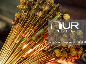 Lamb kebabs are seen at a stall at a night market in Guiyang, China, on August 25, 2024. (