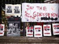 Pro-Palestinian banners are hanging on a fence during occupational strike in the yard of Jagiellonian University in Krakow, Poland on Octobe...