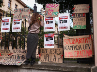 Pro-Palestinian banners are hanging on a fence during occupational strike in the yard of Jagiellonian University in Krakow, Poland on Octobe...