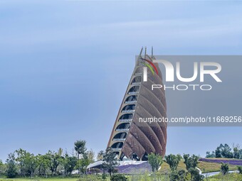 A 69.8-meter-high giant panda tower stands at the Chengdu Research Base of Giant Panda Breeding in Chengdu, China, on October 14, 2024. Repo...