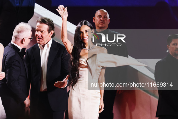 Demi Moore and Dennis Quaid attend the red carpet for the premiere of The Substance during the 77th Festival de Cannes in Cannes, France, on...