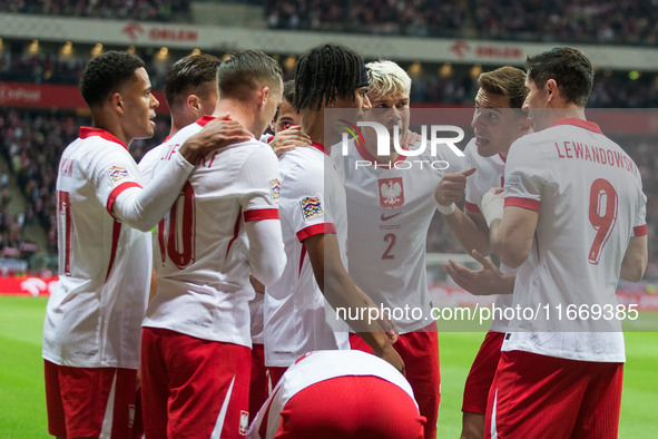 Michael Ameyaw , Sebastian Szymanski , Maximillian Oyedele , Kamil Piatkowski , Jan Bednarek , Robert Lewandowski  during UEFA Nations Leagu...