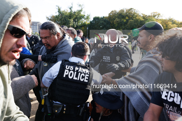 Indigenous demonstrators clash with police near the U.S. Capitol in Washington, D.C. on October 15, 2024 after U.S. Park Police attempt to c...