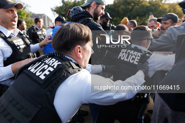 Indigenous demonstrators clash with police near the U.S. Capitol in Washington, D.C. on October 15, 2024 after U.S. Park Police attempt to c...