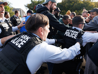 Indigenous demonstrators clash with police near the U.S. Capitol in Washington, D.C. on October 15, 2024 after U.S. Park Police attempt to c...