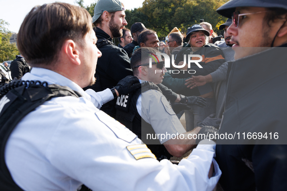 Indigenous demonstrators clash with police near the U.S. Capitol in Washington, D.C. on October 15, 2024 after U.S. Park Police attempt to c...