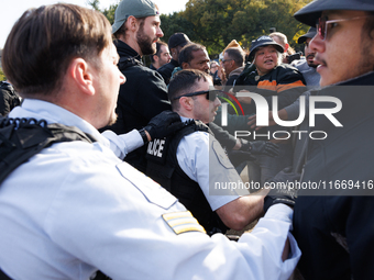 Indigenous demonstrators clash with police near the U.S. Capitol in Washington, D.C. on October 15, 2024 after U.S. Park Police attempt to c...