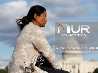 An Indigenous demonstrator sits atop a horse trailer near the U.S. Capitol in Washington, D.C. on October 15, 2024 after U.S. Park Police at...