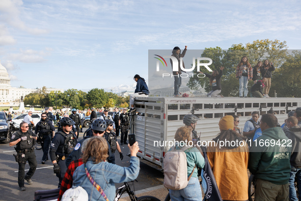 Indigenous demonstrators stand atop a horse trailer near the U.S. Capitol in Washington, D.C. on October 15, 2024 after U.S. Park Police att...