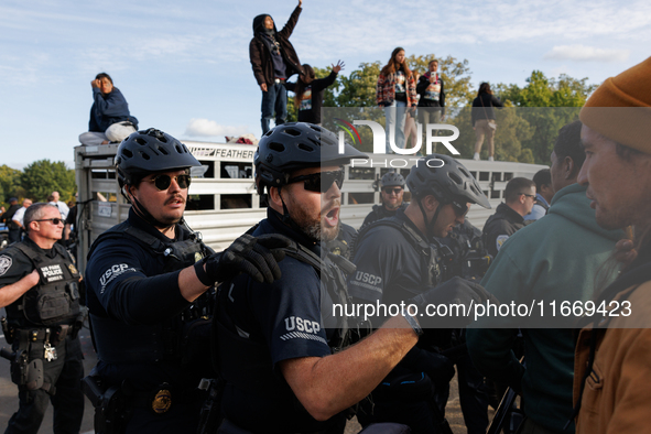 Indigenous demonstrators clash with police near the U.S. Capitol in Washington, D.C. on October 15, 2024 after U.S. Park Police attempt to c...