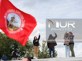 Indigenous demonstrators stand atop a horse trailer near the U.S. Capitol in Washington, D.C. on October 15, 2024 after U.S. Park Police att...