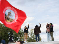 Indigenous demonstrators stand atop a horse trailer near the U.S. Capitol in Washington, D.C. on October 15, 2024 after U.S. Park Police att...