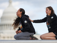 Indigenous demonstrators sit atop a horse trailer near the U.S. Capitol in Washington, D.C. on October 15, 2024 after clashing with U.S. Par...