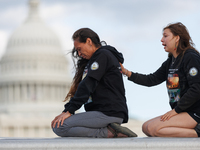 Indigenous demonstrators sit atop a horse trailer near the U.S. Capitol in Washington, D.C. on October 15, 2024 after clashing with U.S. Par...