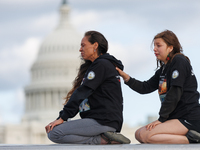 Indigenous demonstrators sit atop a horse trailer near the U.S. Capitol in Washington, D.C. on October 15, 2024 after clashing with U.S. Par...