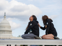 Indigenous demonstrators sit atop a horse trailer near the U.S. Capitol in Washington, D.C. on October 15, 2024 after clashing with U.S. Par...