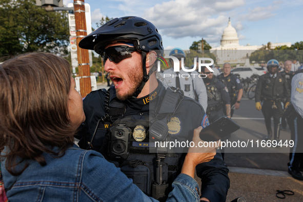 Indigenous demonstrators clash with police near the U.S. Capitol in Washington, D.C. on October 15, 2024 after U.S. Park Police attempt to c...