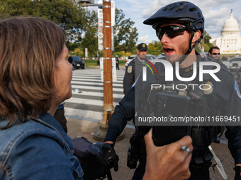 Indigenous demonstrators clash with police near the U.S. Capitol in Washington, D.C. on October 15, 2024 after U.S. Park Police attempt to c...