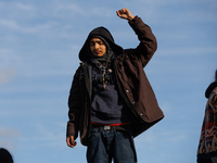 An Indigenous demonstrator stands atop a horse trailer near the U.S. Capitol in Washington, D.C. on October 15, 2024 after U.S. Park Police...