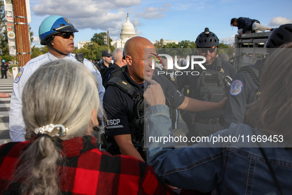 Indigenous demonstrators clash with police near the U.S. Capitol in Washington, D.C. on October 15, 2024 after U.S. Park Police attempt to c...