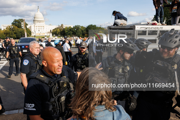 Indigenous demonstrators clash with police near the U.S. Capitol in Washington, D.C. on October 15, 2024 after U.S. Park Police attempt to c...