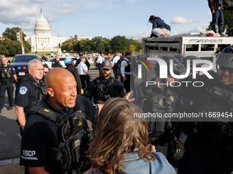 Indigenous demonstrators clash with police near the U.S. Capitol in Washington, D.C. on October 15, 2024 after U.S. Park Police attempt to c...