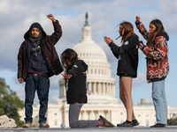 Indigenous demonstrators stand atop a horse trailer near the U.S. Capitol in Washington, D.C. on October 15, 2024 after U.S. Park Police att...