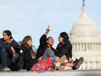 Indigenous demonstrators sit atop a horse trailer near the U.S. Capitol in Washington, D.C. on October 15, 2024 after U.S. Park Police attem...