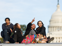 Indigenous demonstrators sit atop a horse trailer near the U.S. Capitol in Washington, D.C. on October 15, 2024 after U.S. Park Police attem...