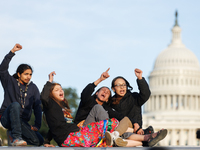 Indigenous demonstrators sit atop a horse trailer near the U.S. Capitol in Washington, D.C. on October 15, 2024 after U.S. Park Police attem...