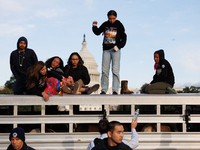 Indigenous demonstrators stand atop a horse trailer near the U.S. Capitol in Washington, D.C. on October 15, 2024 after U.S. Park Police att...