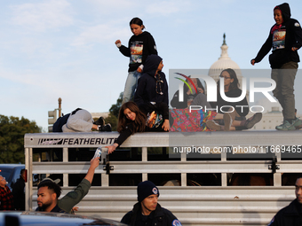 Indigenous demonstrators stand atop a horse trailer near the U.S. Capitol in Washington, D.C. on October 15, 2024 after U.S. Park Police att...