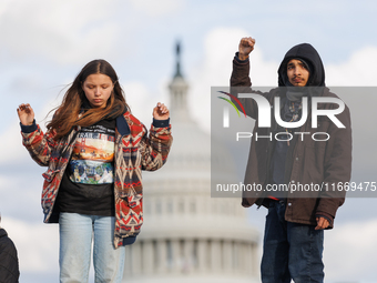 Indigenous demonstrators stand atop a horse trailer near the U.S. Capitol in Washington, D.C. on October 15, 2024 after U.S. Park Police att...