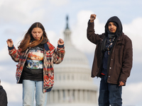 Indigenous demonstrators stand atop a horse trailer near the U.S. Capitol in Washington, D.C. on October 15, 2024 after U.S. Park Police att...