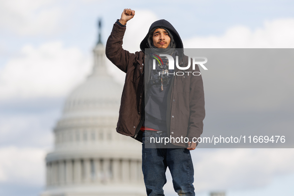 Indigenous demonstrators stand atop a horse trailer near the U.S. Capitol in Washington, D.C. on October 15, 2024 after U.S. Park Police att...