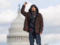 Indigenous demonstrators stand atop a horse trailer near the U.S. Capitol in Washington, D.C. on October 15, 2024 after U.S. Park Police att...