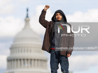 Indigenous demonstrators stand atop a horse trailer near the U.S. Capitol in Washington, D.C. on October 15, 2024 after U.S. Park Police att...