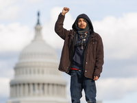 Indigenous demonstrators stand atop a horse trailer near the U.S. Capitol in Washington, D.C. on October 15, 2024 after U.S. Park Police att...