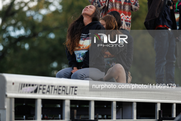 Indigenous demonstrators sit atop a horse trailer near the U.S. Capitol in Washington, D.C. on October 15, 2024 after U.S. Park Police attem...