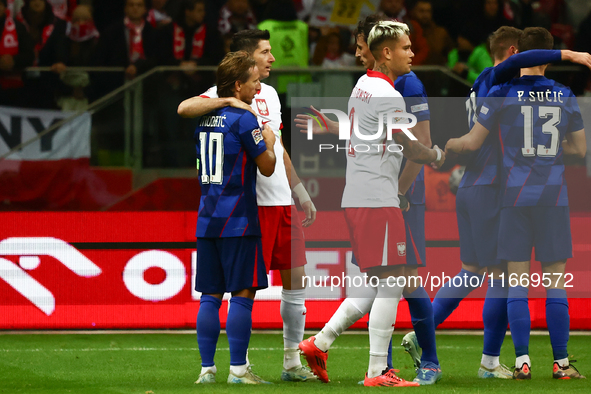 Robert Lewandowski of Poland and Luka Modric of Croatia before UEFA Nations League football match Poland - Croatia at National Stadium in Wa...