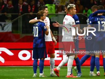 Robert Lewandowski of Poland and Luka Modric of Croatia before UEFA Nations League football match Poland - Croatia at National Stadium in Wa...