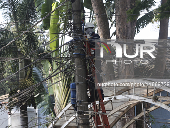 Workers from the City Hall of Sao Paulo and Enel, an electricity distributor and trader, prune a tree that has branches knocked down by stro...