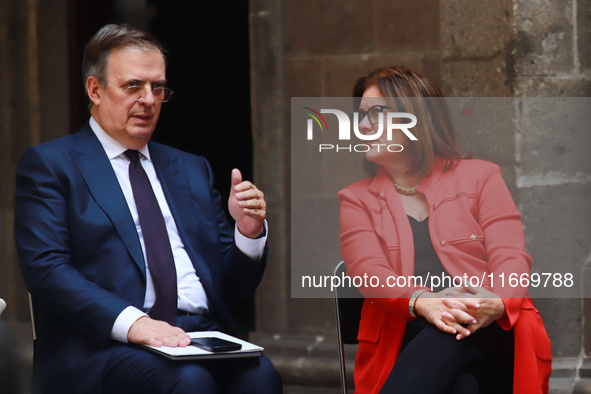 Marcelo Ebrard Casaubon, Secretary of the Economy, and Suzanne Clark, President and CEO of the US Chamber of Commerce, speak during a press...