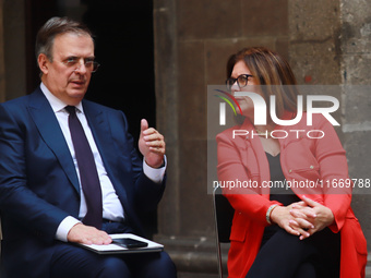 Marcelo Ebrard Casaubon, Secretary of the Economy, and Suzanne Clark, President and CEO of the US Chamber of Commerce, speak during a press...