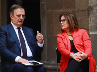 Marcelo Ebrard Casaubon, Secretary of the Economy, and Suzanne Clark, President and CEO of the US Chamber of Commerce, speak during a press...