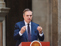 Marcelo Ebrard Casaubon, Secretary of the Economy, speaks during a press conference after the High Level Summit between U.S. and Mexican bus...