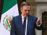 Marcelo Ebrard Casaubon, Secretary of the Economy, speaks during a press conference after the High Level Summit between U.S. and Mexican bus...